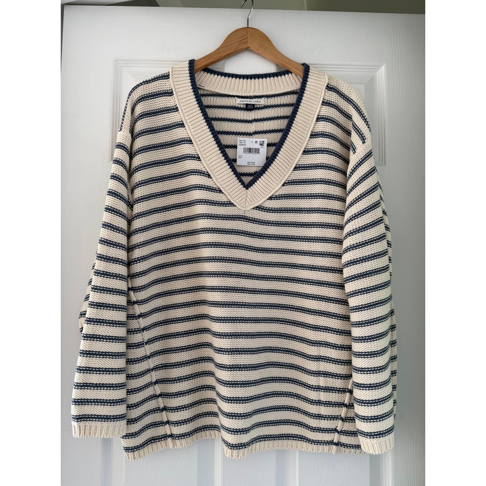 American Eagle‎ Oversize Knit V Neck Striped Sweater Coastalcore Neutral Clean